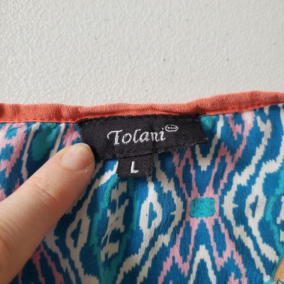 Tolani Shirt Womens Large Orange Multicolor Silk Boho Tunic Ikat Top Blouse - Picture 3 of 8